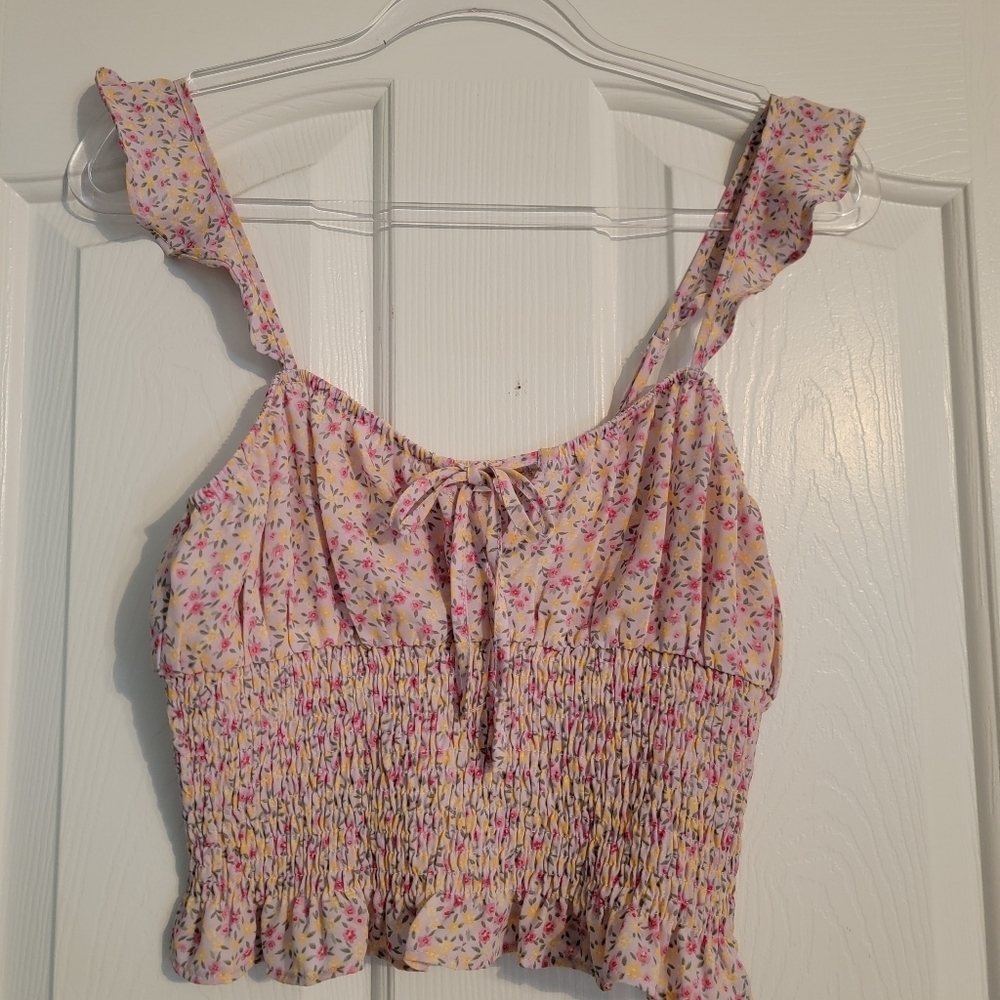 Active USA Pink Floral Smocked Crop Top